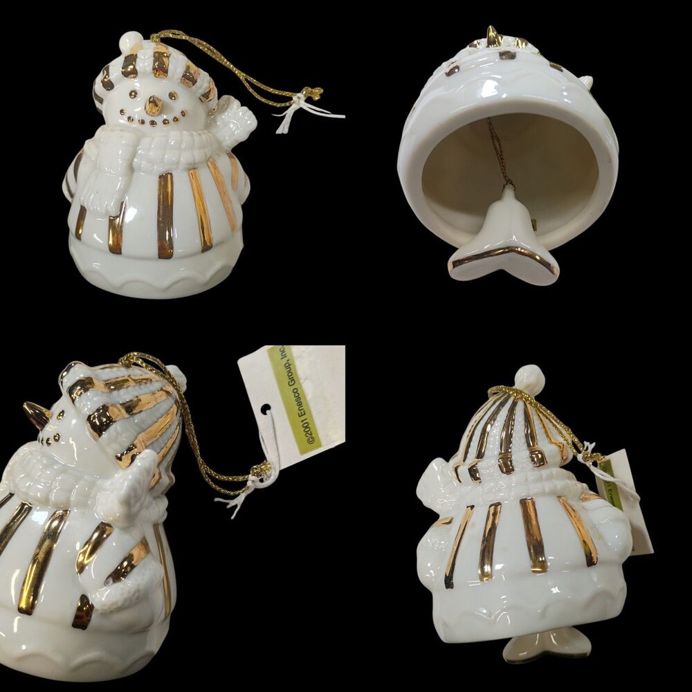 Vintage Snowman Christmas Tree Ornament Dangling Legs Bell 3.5 inch White & Gold
